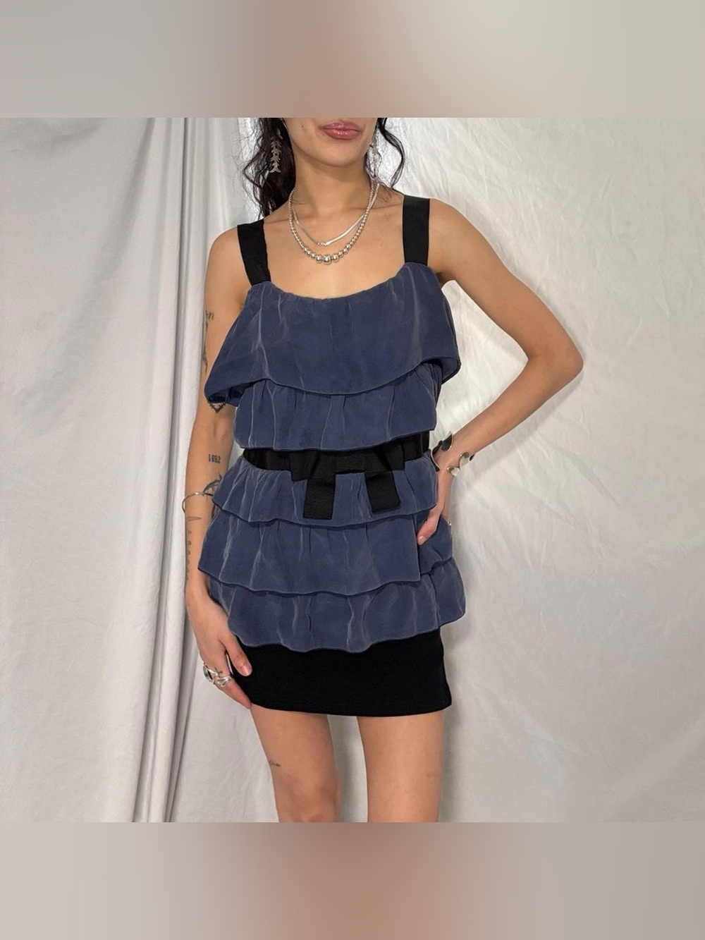 Blue & Black Bordeaux Layered Ruffled Silk Blend Top With Bow